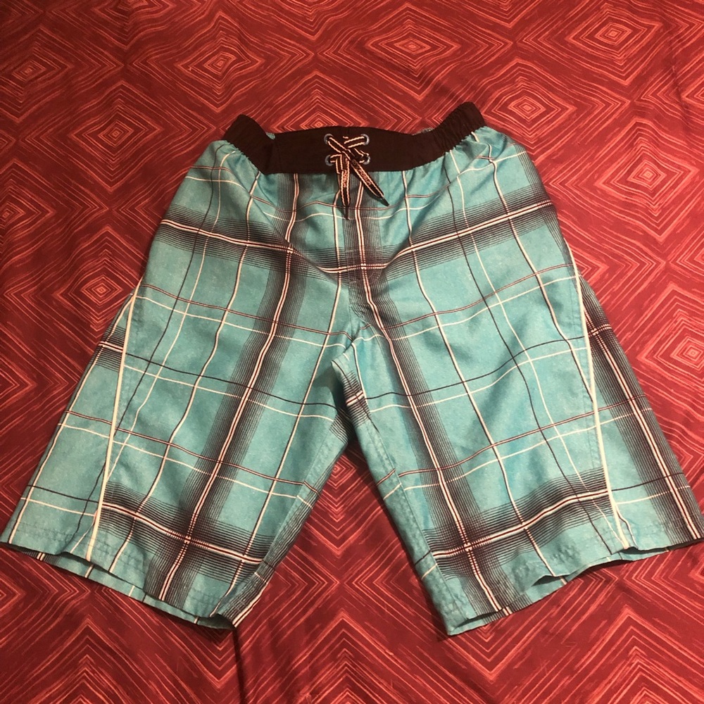 Boys Plaid Rip Cord Swim Trunks, EUC, M 10/12